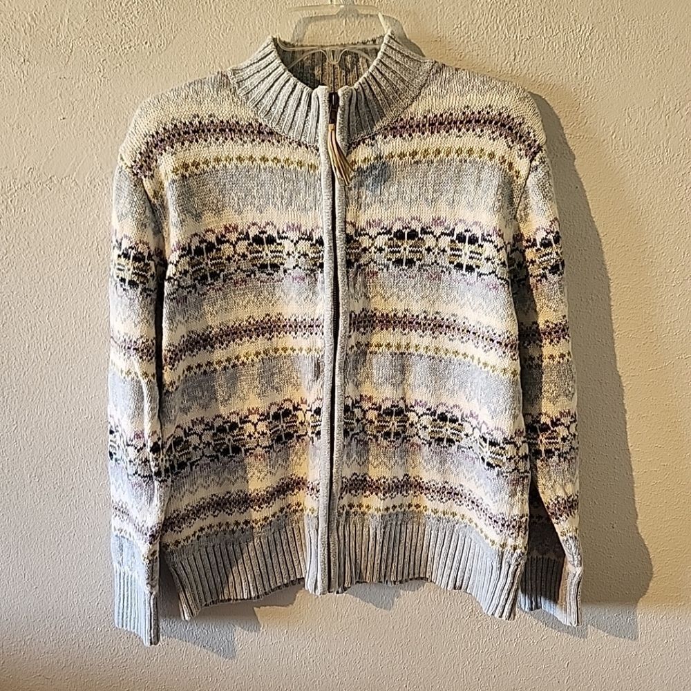 Tiara International Fair Isle cardigan Colorful Blue Zip Sz Large
